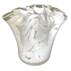 Handmade Zorza ART GLASS Handerkchief Ruffled White Clear VASE -Made in Poland